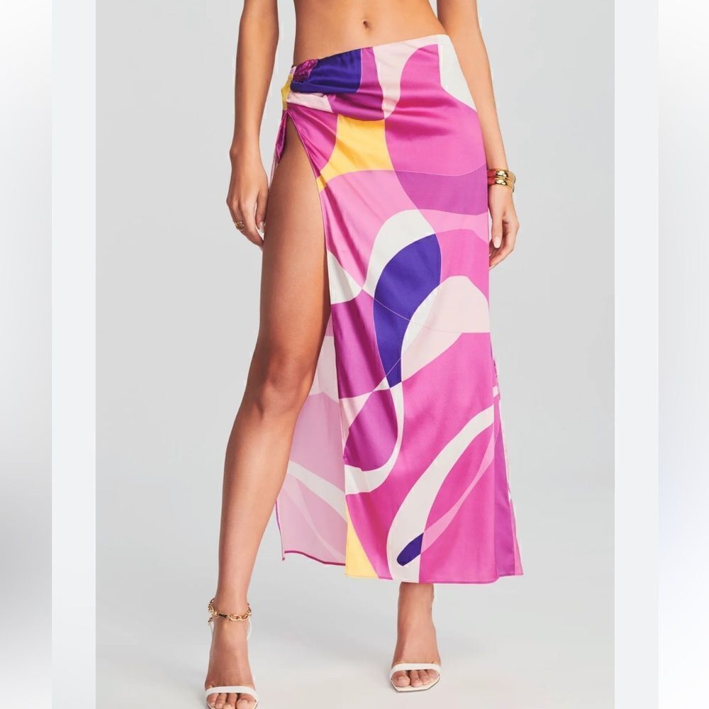 Retrofete Gav Silk Skirt bright print high slit geometric midi wrap Revolve S
